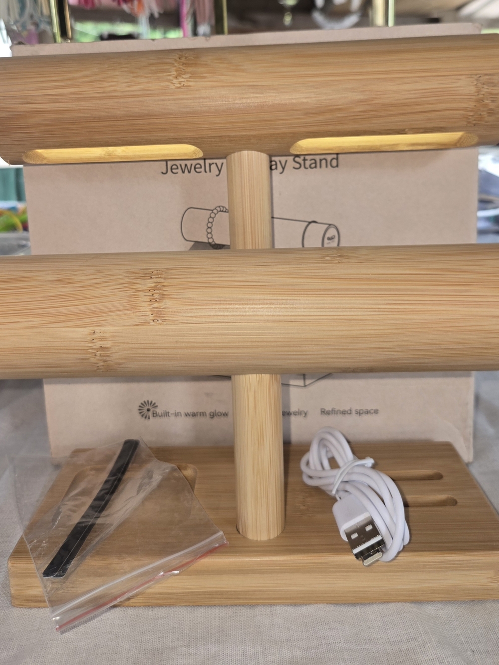 Bamboo USB-Powered Jewelry Display Stand with Warm LED - Natural